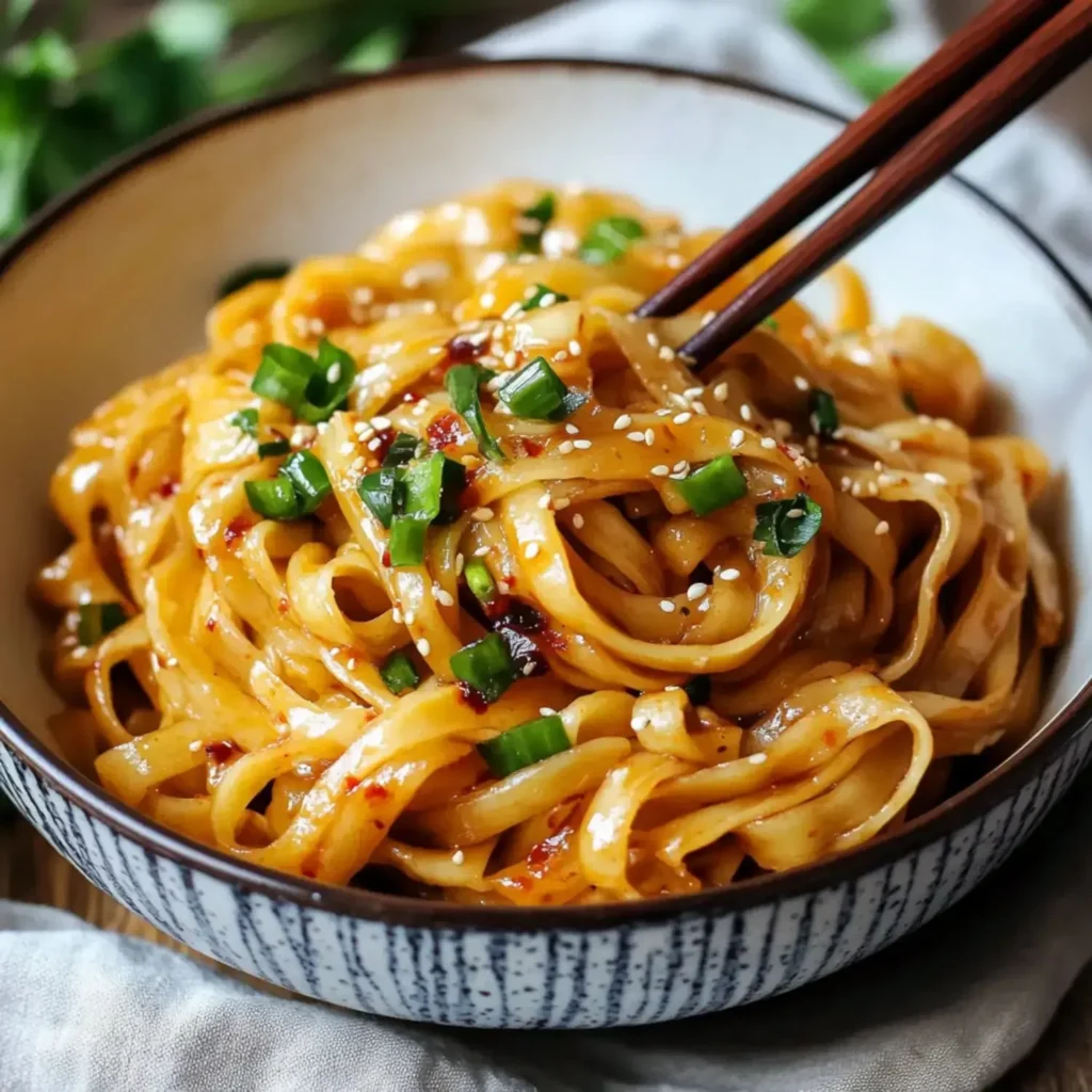 Delicious chili oil noodles served in a bowl with fresh ingredients and spices