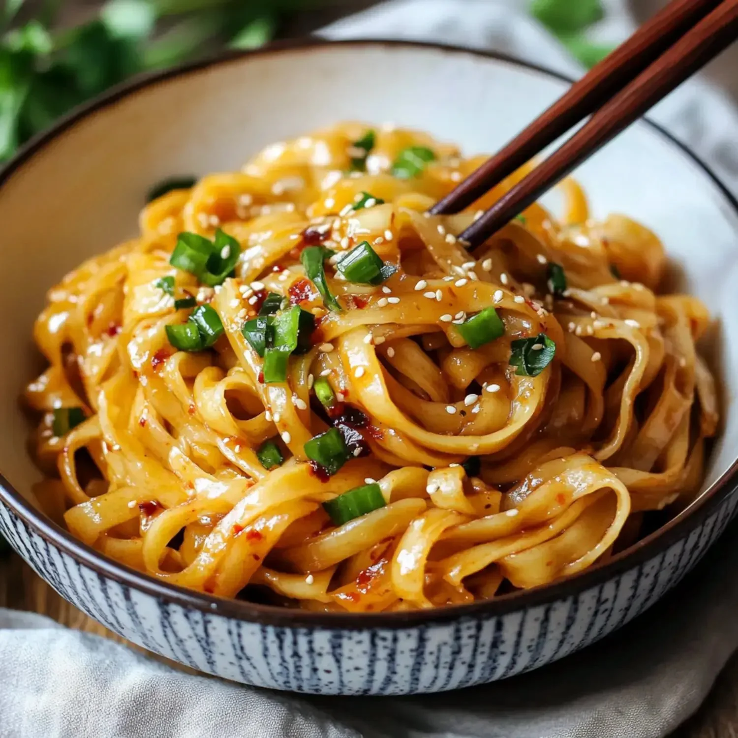 Delicious chili oil noodles served in a bowl with fresh ingredients and spices