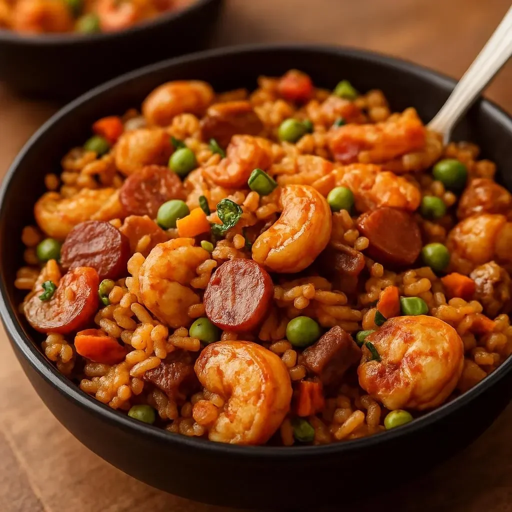 Bowl of Cindy's Jambalaya with shrimp, sausage, and colorful vegetables