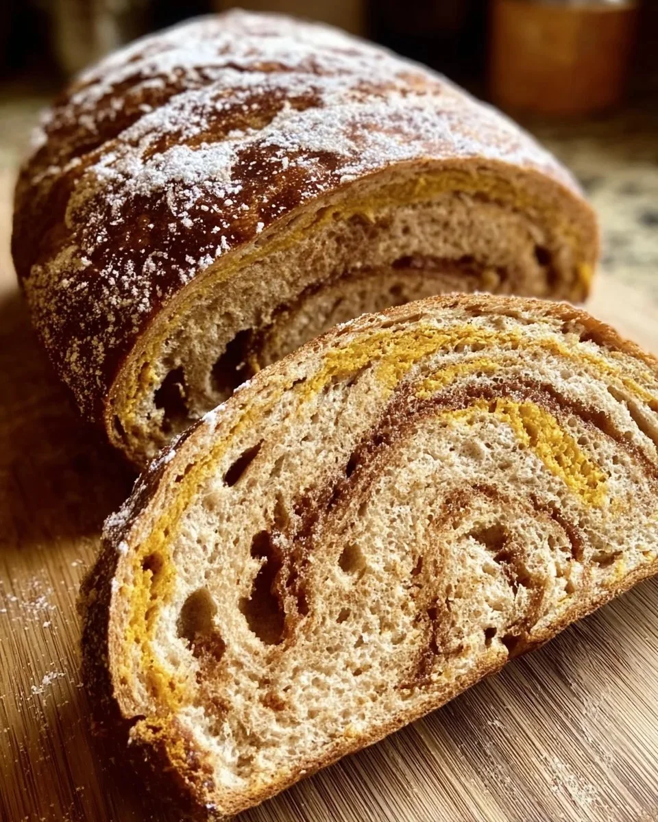 Loaf of freshly baked cinnamon swirl pumpkin sourdough bread on a wooden table