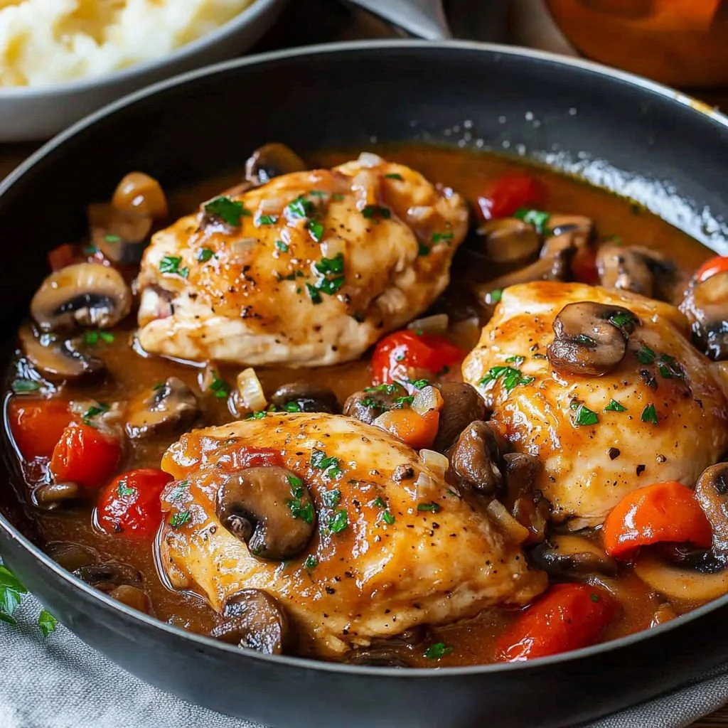 Plate of classic Hunter's Chicken with vegetables and sauce