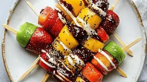 Colorful rainbow fruit skewers made with fresh, vibrant fruits for a healthy snack.