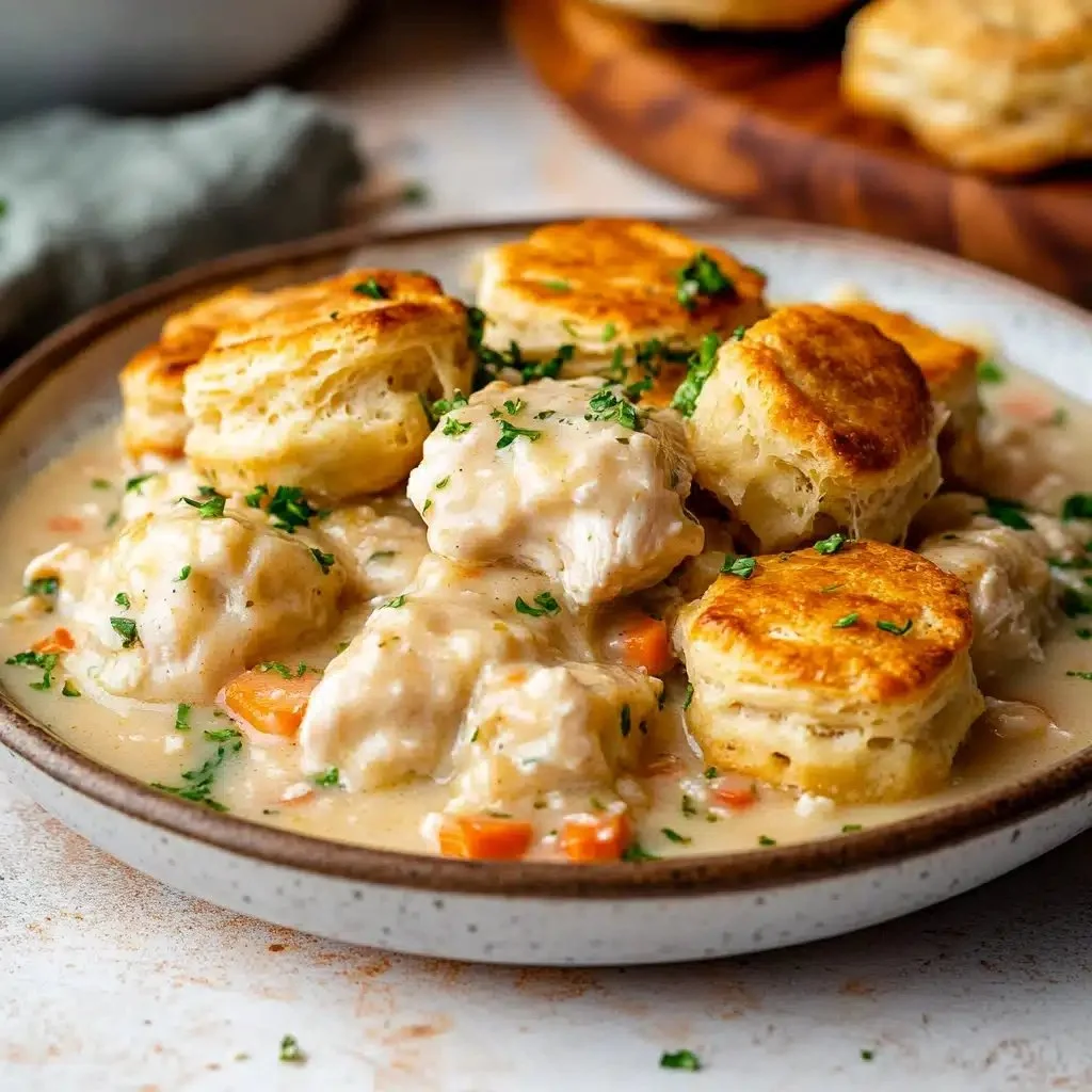 Dish of comforting chicken and dumplings with biscuits, a classic favorite meal.