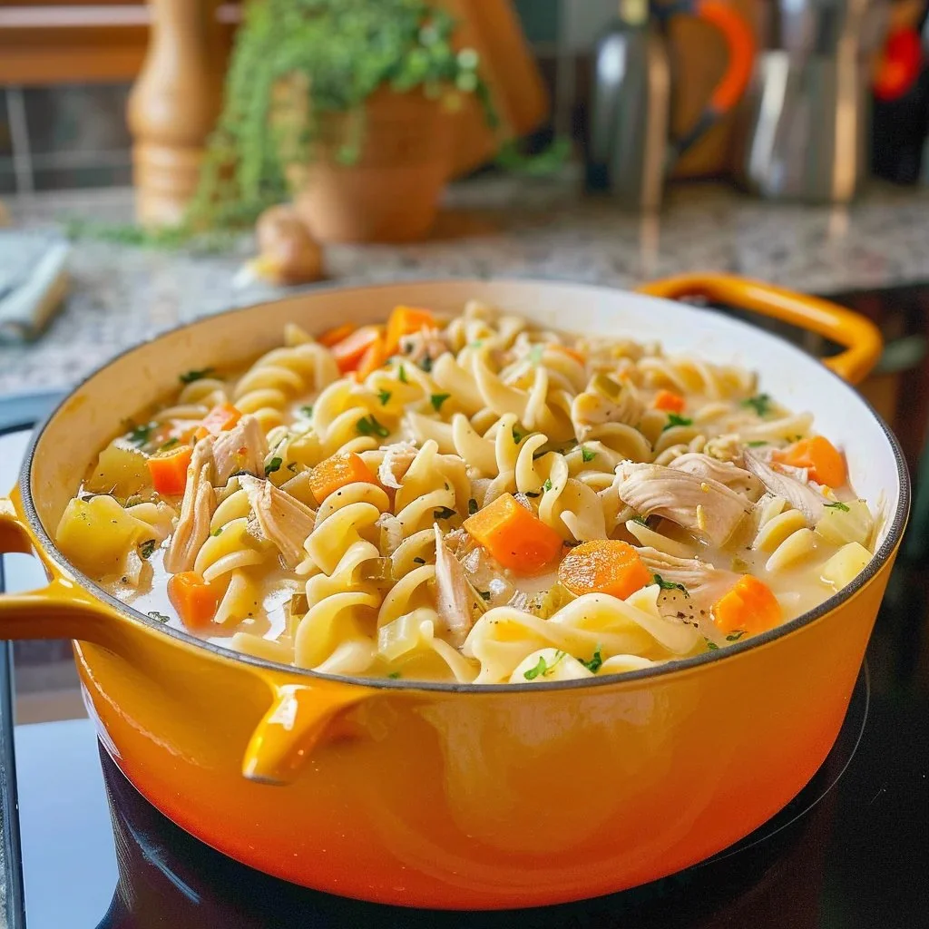 Bowl of comforting homemade chicken noodle soup with fresh ingredients