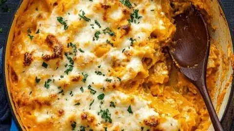 High-protein pumpkin lasagna skillet served warm on a cozy autumn evening.