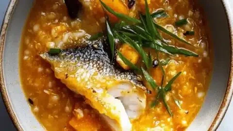Cozy honeynut squash congee with poached fish in a warm bowl for fall comfort food.