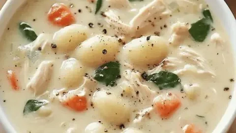 Olive Garden chicken gnocchi soup served in a bowl with fresh herbs