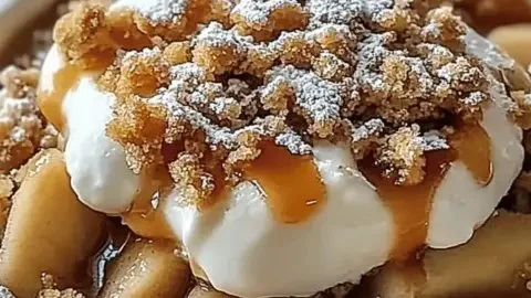 Warm caramel apple dump cake with buttery crust served in a bowl