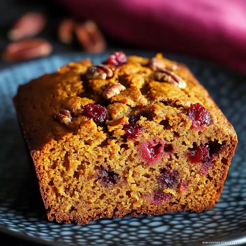 Cranberry pecan pumpkin bread loaf on a rustic wooden table