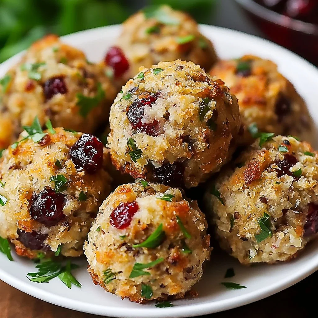 Cranberry Turkey Stuffing Balls served on a festive plate