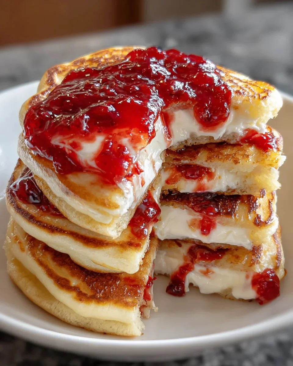 Fluffy cream cheese jam pancakes topped with fresh fruit and syrup.