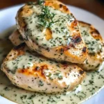 Creamy Boursin chicken garnished with herbs on a white plate