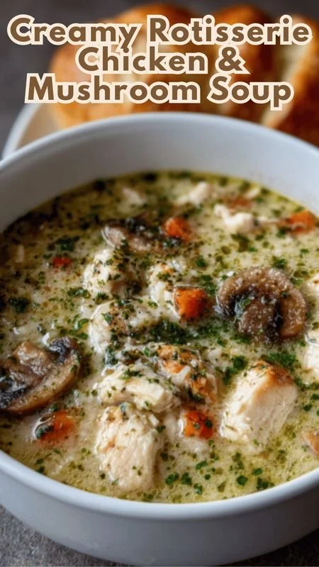 Creamy chicken and mushroom soup in a bowl, garnished with herbs.