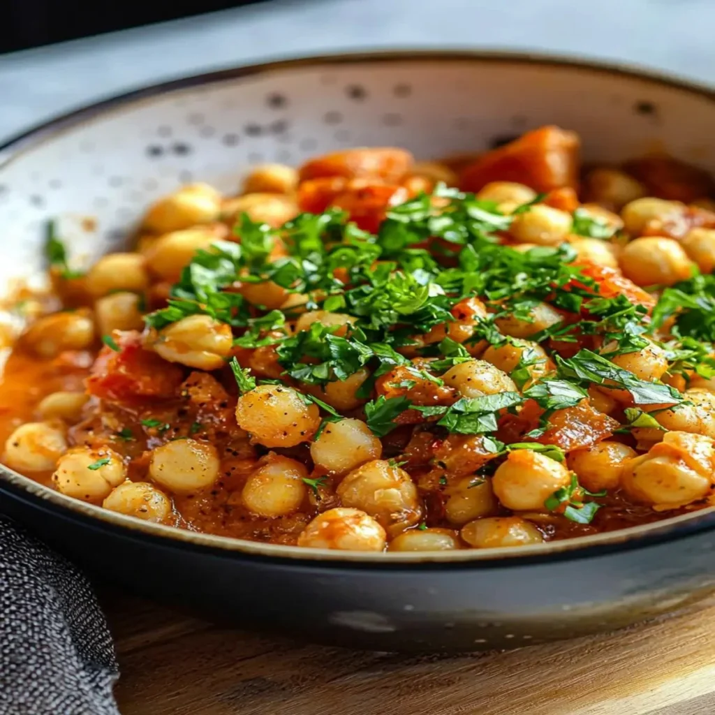 Bowl of Creamy Chickpea Paprikash garnished with herbs, a delicious vegan dish
