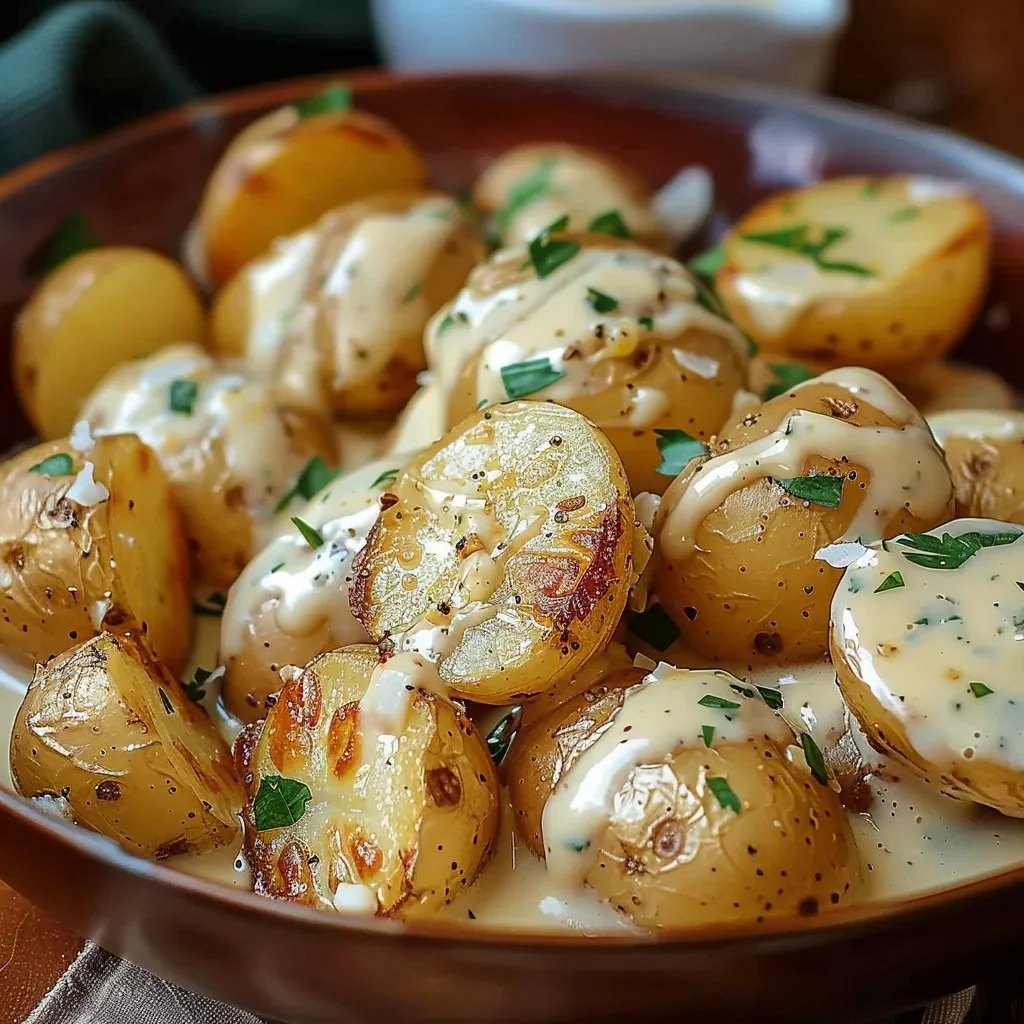 Creamy garlic baby potatoes in a bowl garnished with fresh herbs