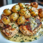 Creamy garlic chicken served with crispy roasted potatoes on a plate.