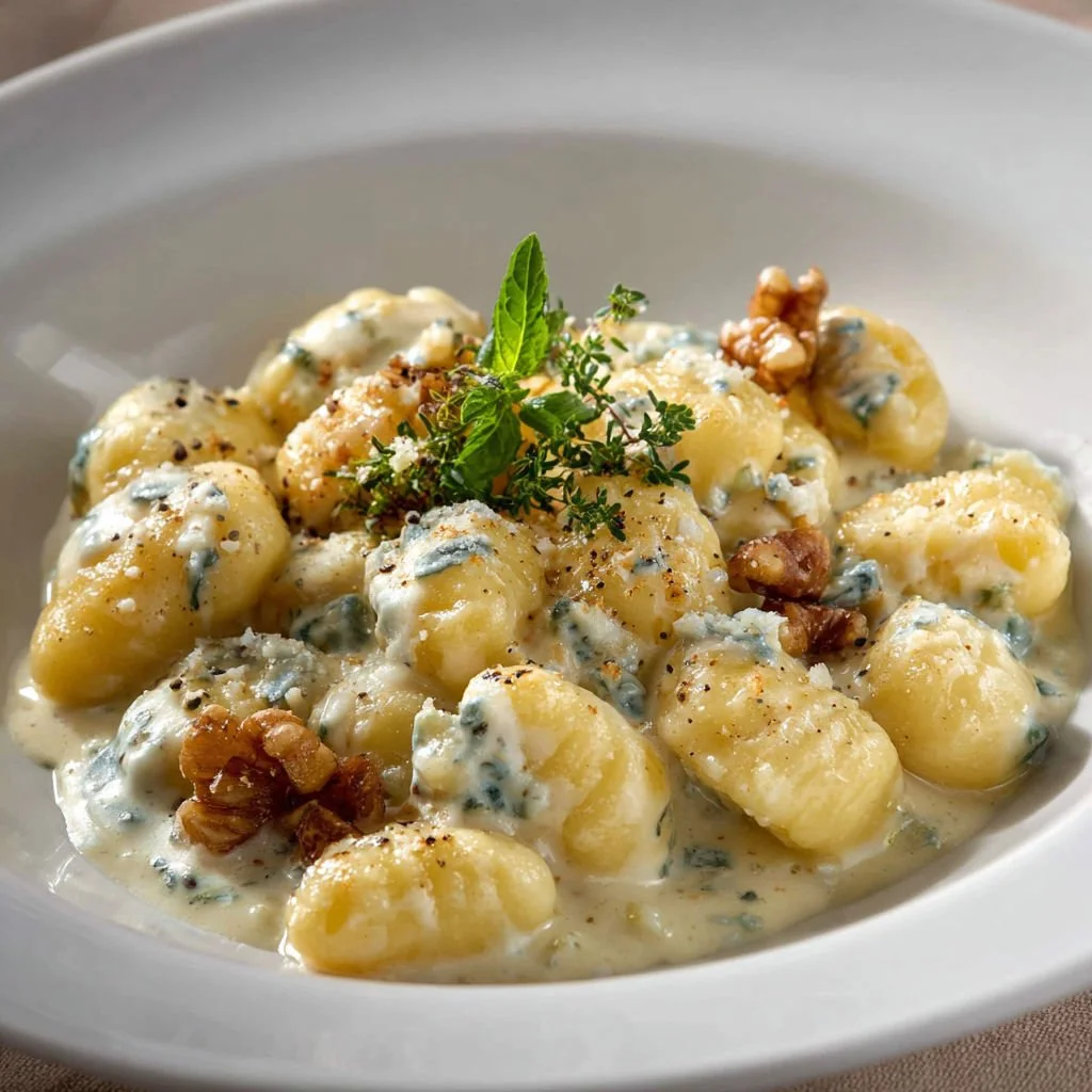 Creamy gnocchi topped with gorgonzola cheese and herbs