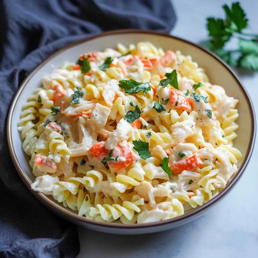 Creamy imitation crab pasta salad with fresh ingredients in a bowl