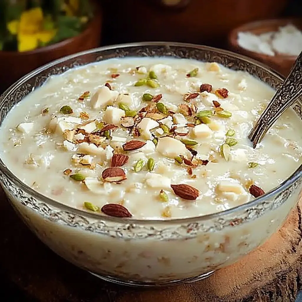 Creamy kheer, a traditional Indian rice dessert garnished with nuts and spices.