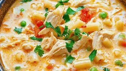 Bowl of Creamy Parmesan Cajun Chicken Pasta Soup for chilly nights