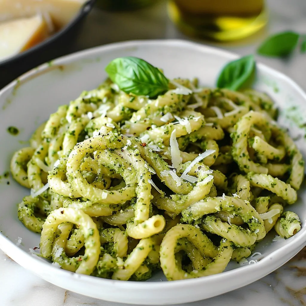 Delicious creamy pesto pasta served in a bowl with fresh basil