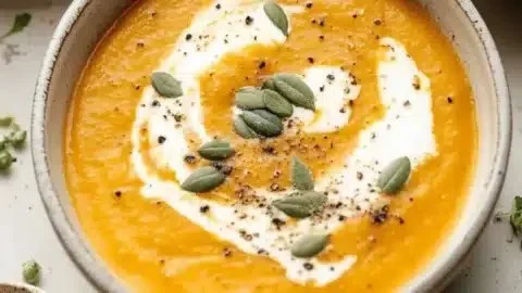 Bowl of creamy roasted butternut squash soup garnished with herbs