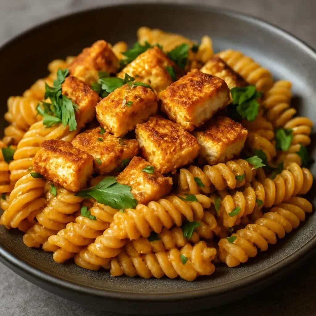 Creamy Vegan Marry Me Pasta topped with crispy tofu chicken, a delicious plant-based dish.