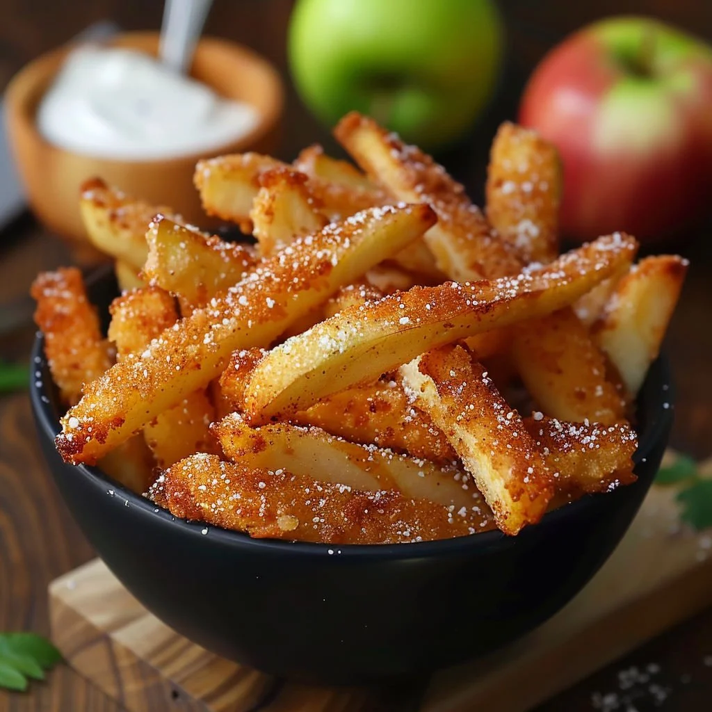 Crispy air fryer apple fries served with a dipping sauce on a plate