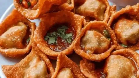 Plate of crispy curry vegetable wontons garnished and ready to serve