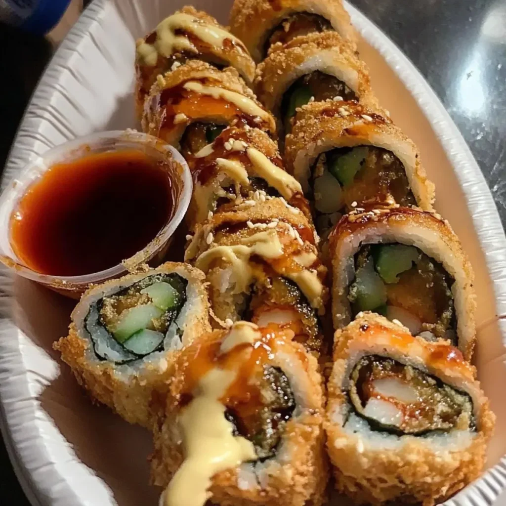 Crispy fried sushi roll garnished with sauces and toppings