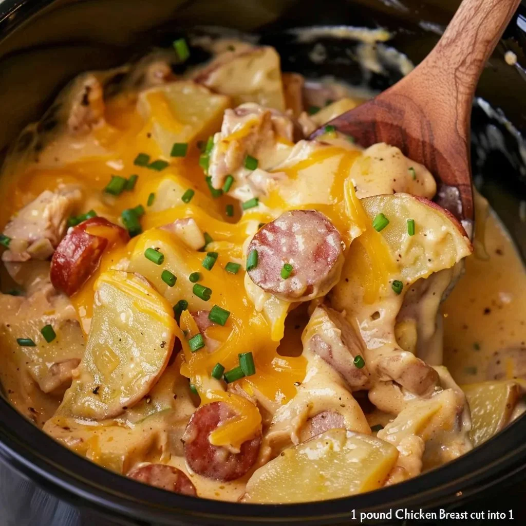 Crockpot cheesy chicken casserole served in a bowl with melted cheese and herbs