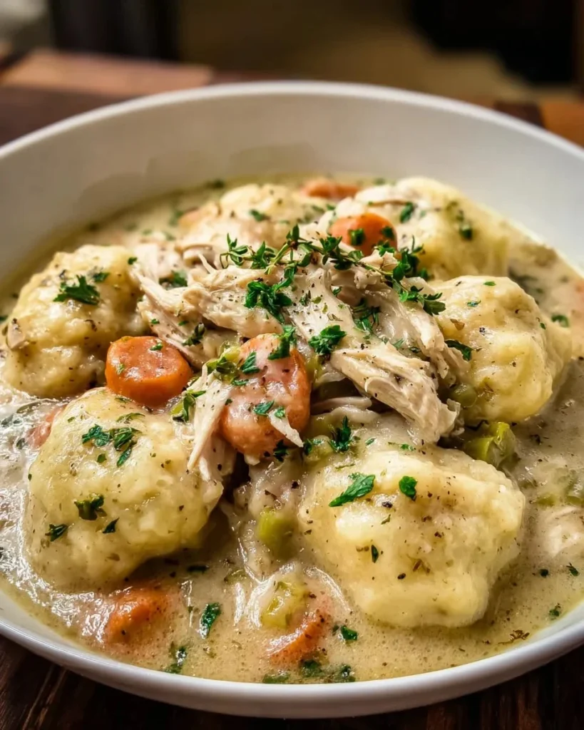 Crockpot Chicken and Dumplings in a bowl with herbs and spices