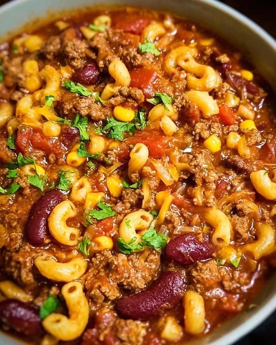 Delicious crockpot chili mac served in a bowl with cheese and herbs.