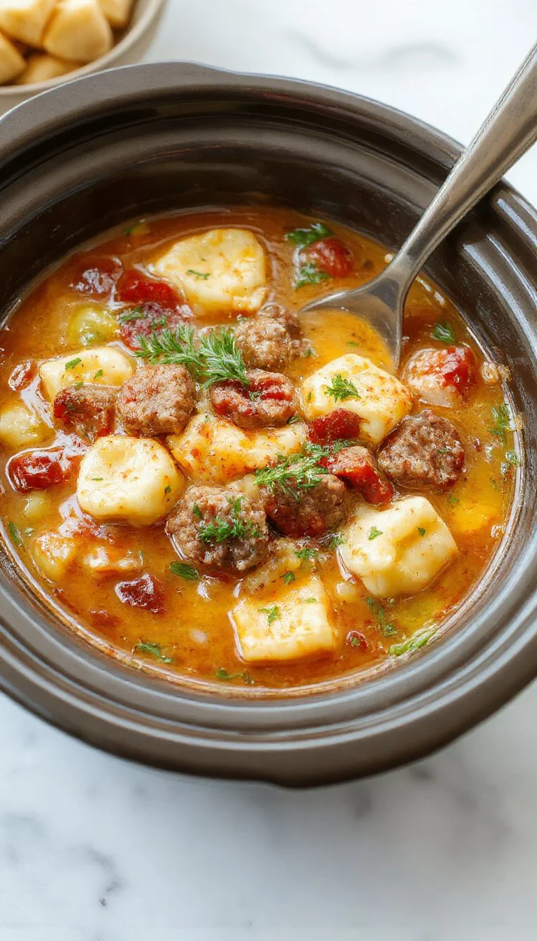 Crockpot tortellini soup with sausage in a bowl, garnished with herbs.