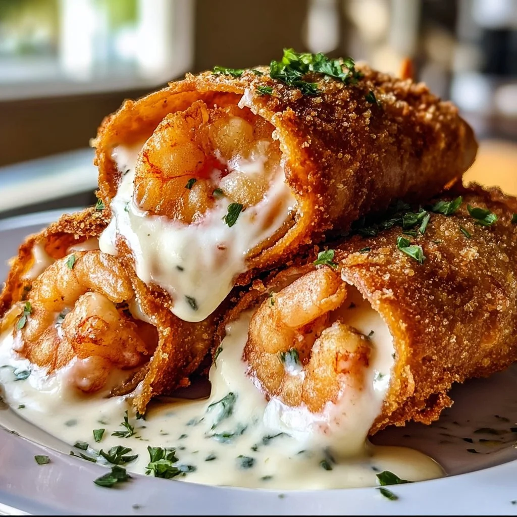 Deep-fried shrimp alfredo burritos with creamy sauce and crispy coating