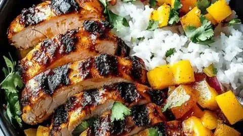 Delicious jerk chicken bowl with mango salsa and coconut rice served in a bowl