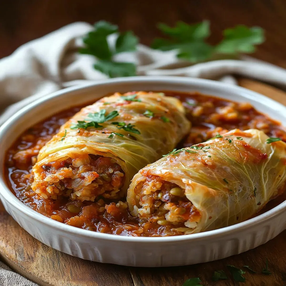 Delicious lentil and rice stuffed cabbage rolls on a plate