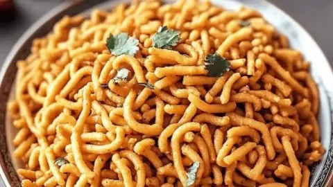 A bowl of crispy Namkeen Masala Sev, a flavorful Indian snack.