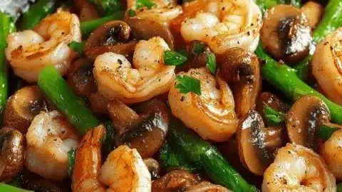 Delicious stir-fried shrimp with asparagus and mushrooms on a plate