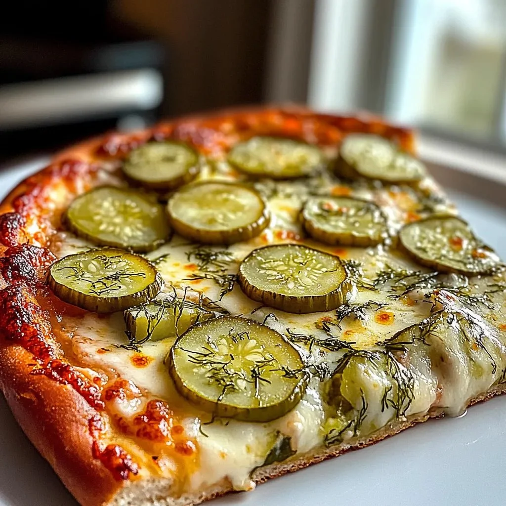 Sliced Dill Pickle Pizza with toppings and fresh herbs