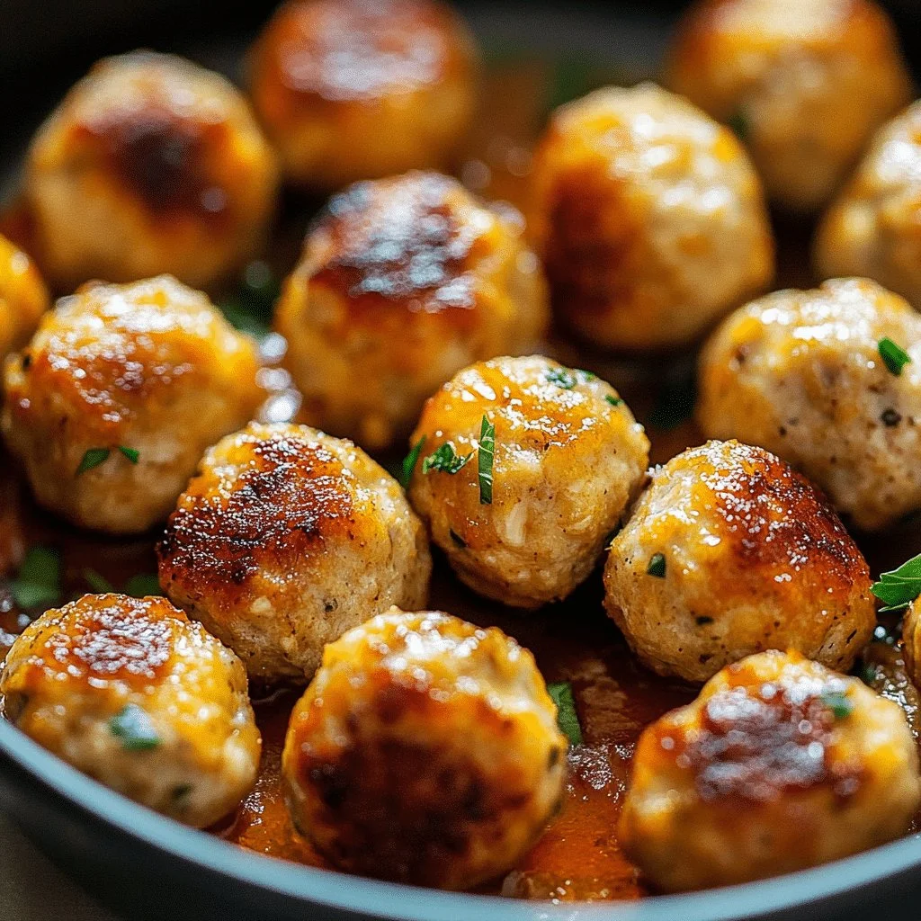 Delicious easy baked chicken meatballs on a plate garnished with herbs.