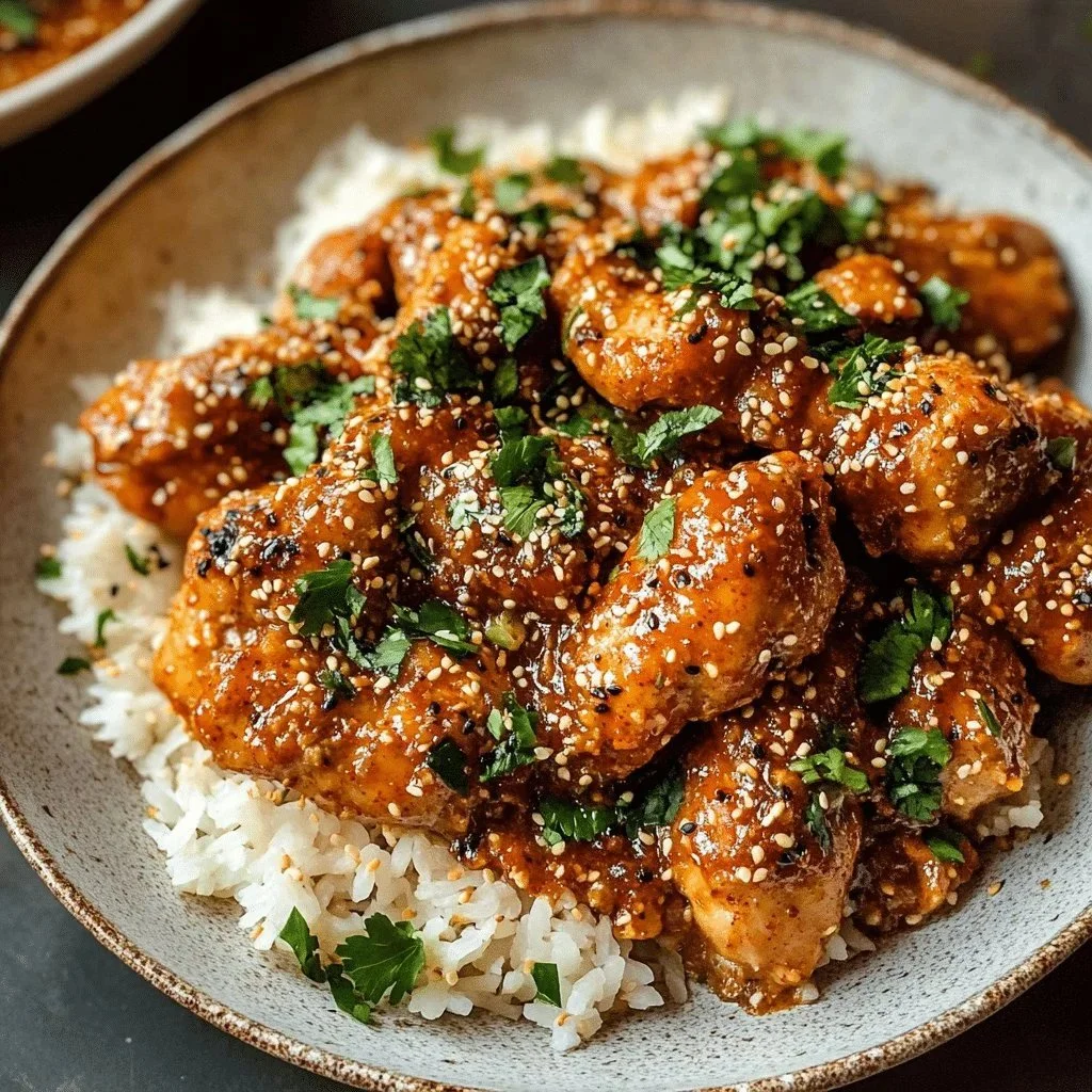 Baked spicy sesame butter chicken garnished with herbs and spices.