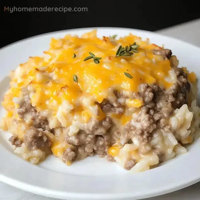 Easy cheesy hamburger rice casserole dish served in a baking dish