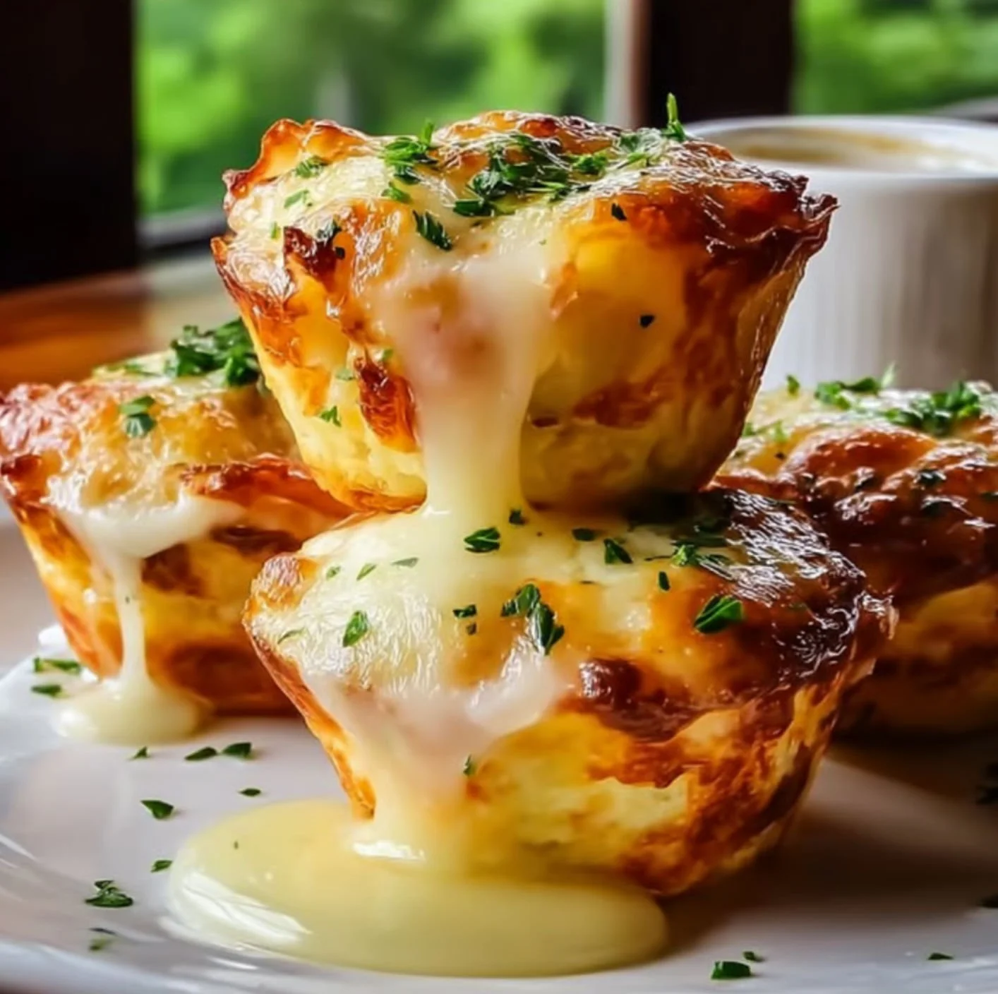 Cheesy mashed potato muffins served on a plate with herbs.
