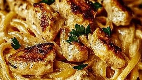 Easy Cowboy Butter Chicken Linguine served in a bowl with fresh herbs