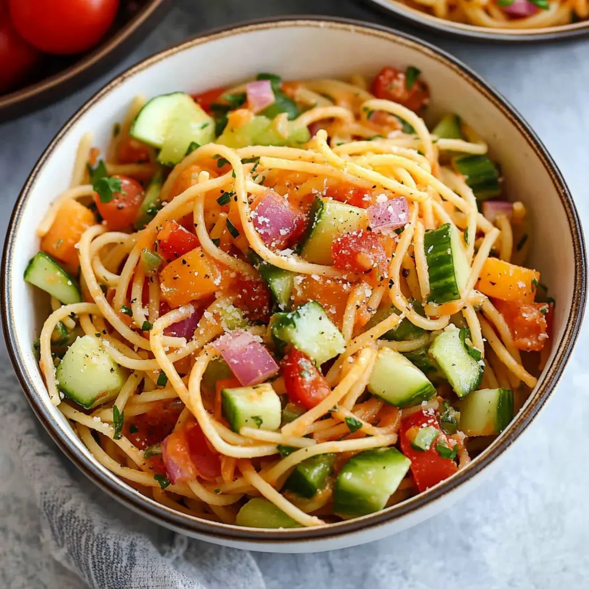 A vibrant bowl of easy spaghetti salad with fresh vegetables and dressing