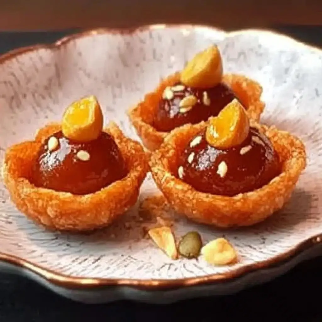 Elegant Gulab Jamun served in crispy Kunafa Nests - a perfect Indian fusion dessert.