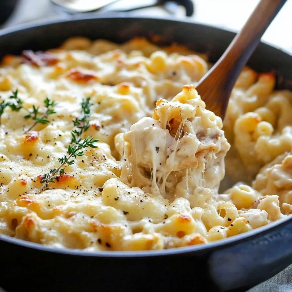 Creamy French onion chicken macaroni cheese served in a bowl