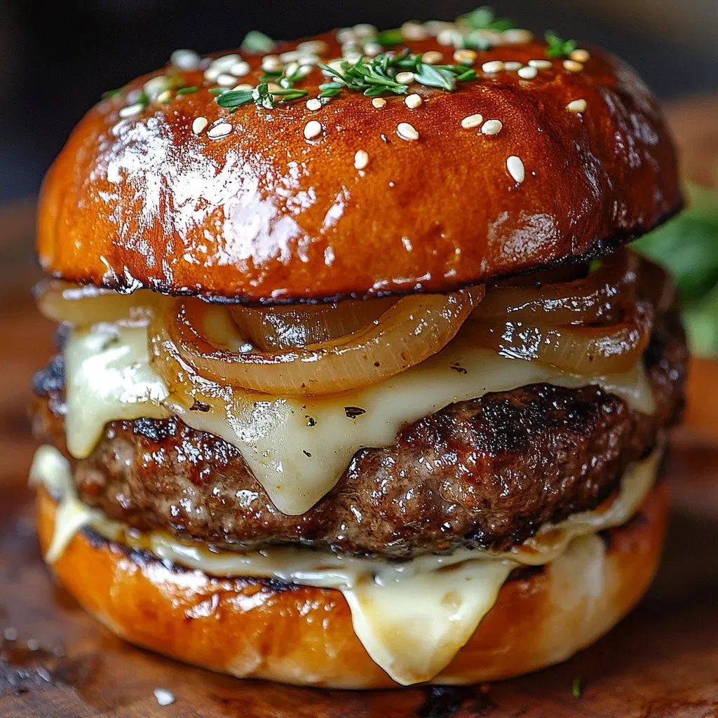 French Onion Soup Burgers topped with melted cheese and caramelized onions
