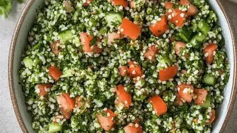 Freshly prepared Lebanese Tabbouleh Salad with parsley, tomatoes, and bulgur
